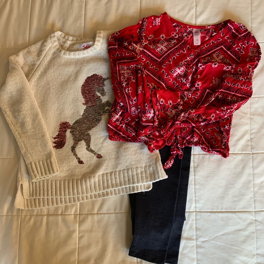 2 sz 8 Justice girls tops and 1 cat & jack pants